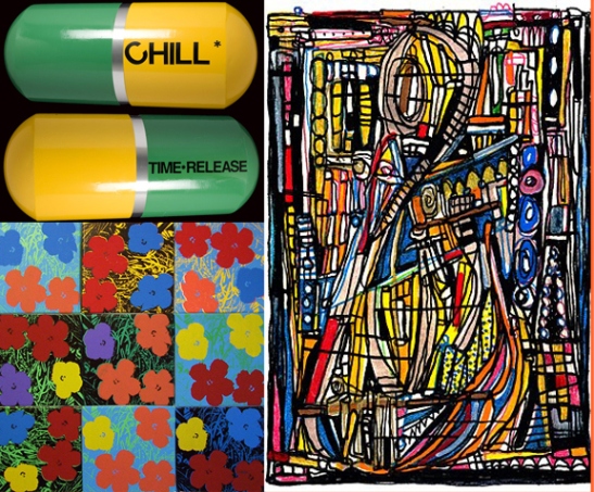 Upper Left: Edie Nadlehaft, Big Chill, Steel and Mixed Media, 2012 Right, Vandal Expressionism, Set to the Tune of ‘Rhapsody in Blue’ 2013 Below, Eric Doeringer, Warhol / Sturevant / Pettibone